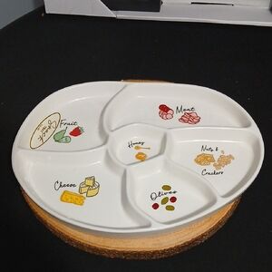 New! Divided Ceramic Snack Tray / Platter with Food Illustrations NWT